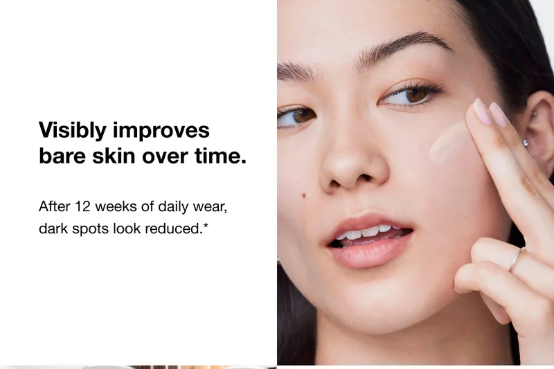 Visibly improves bare skin over time. | After 12 weeks of daily wear, dark spots look reduced.*