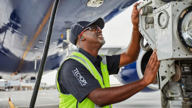 A Delta TechOps employee works on an aircraft