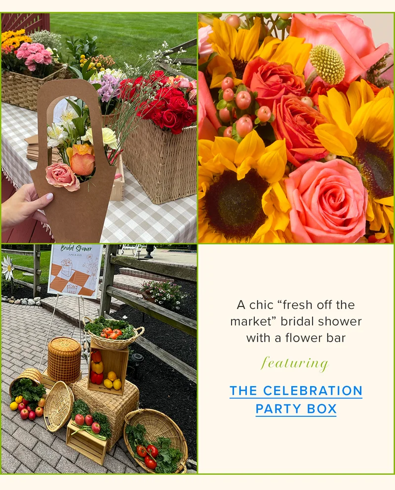 A chic “fresh off the market” bridal shower with a flower bar featuring THE CELEBRATION PARTY BOX