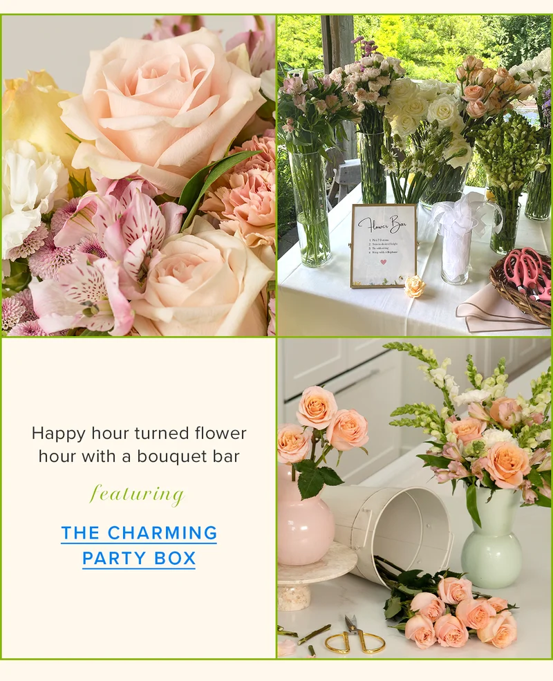 Happy hour turned flower hour with a bouquet bar featuring THE CHARMING PARTY BOX
