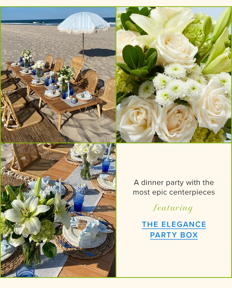 A dinner party with the most epic centerpieces featuring THE ELEGANCE PARTY BOX