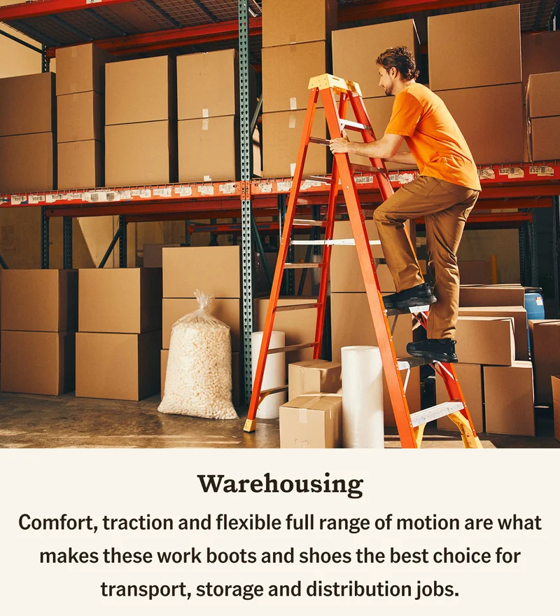 Warehousing: Comfort, traction and flexible full range of motion are what makes these work boots and shoes the best choice for transport, storage and distribution jobs.