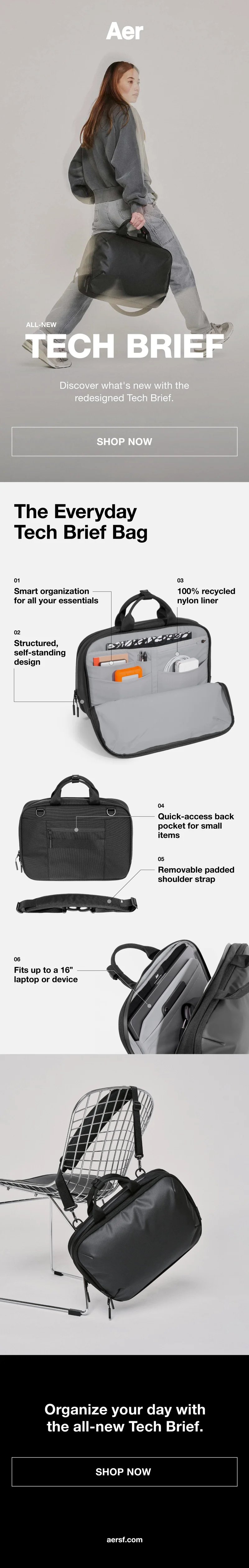 A woman holding the all-new Aer Tech Brief along with detailed images of the product