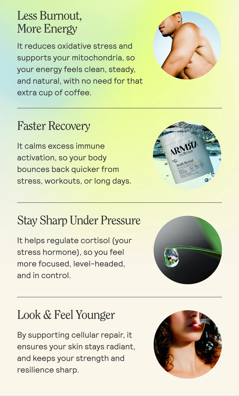 > Less Burnout, More Energy > Faster Recovery > Stay Sharp Under Pressure > Look and Feel Younger
