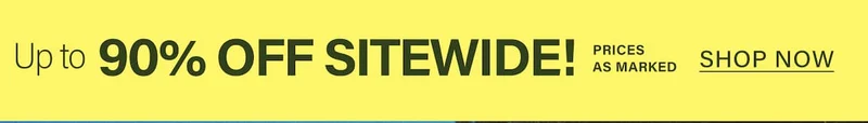Bright yellow banner promoting an "Up to 90% OFF SITEWIDE!" sale in dark green text with a "SHOP NOW" call to action.