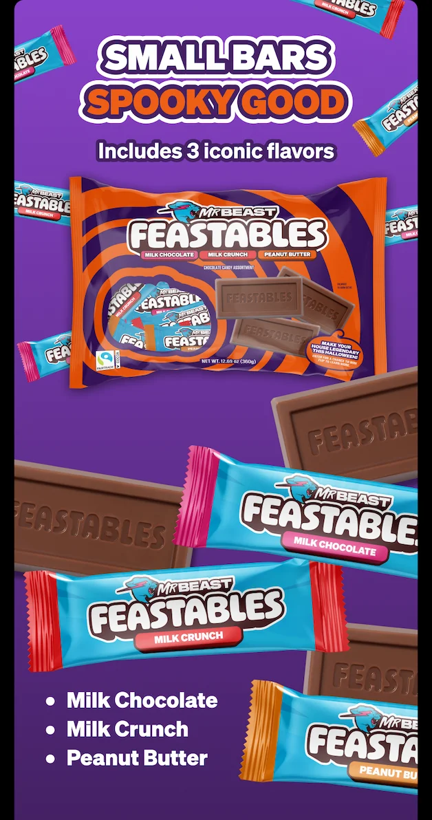 Small bars. spooky good. Includes 3 iconic flavors: Milk chocolate, Milk crunch & Peanut butter!