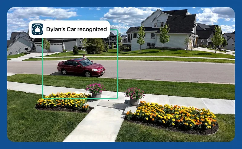Simulated point of view image depicting a red car in front of a home with flowers in the front yard. A green box highlights the car to indicate an event with a simulated event caption that says: Dylan's Car recognized.