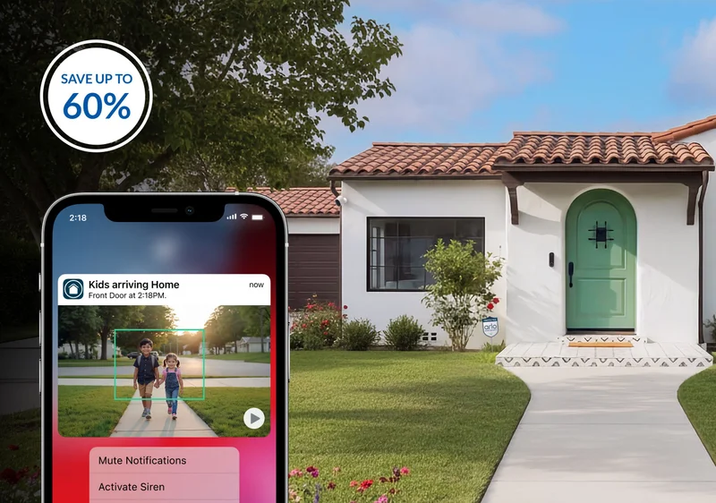 Phone displaying a simulated screen image of an Arlo Secure notification with animated preview. Background image depicts a house with an Arlo Security Camera and Arlo Video Doorbell mounted on the exterior.
