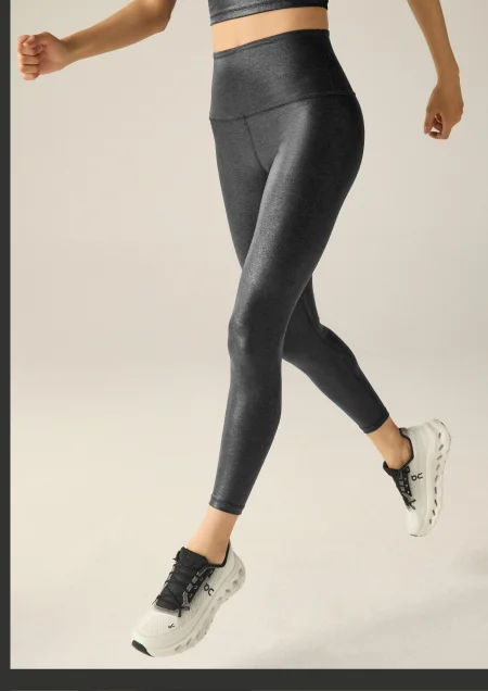 Heather Rib Black Shine High Waisted Midi Legging