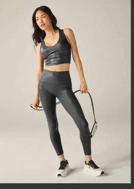 Heather Rib Black Shine High Waisted Midi Legging