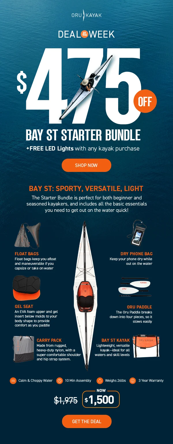 New Deal of the Week! Save $475 off the Bay ST Starter Bundle. Buy the kayak, get all the gear for free!