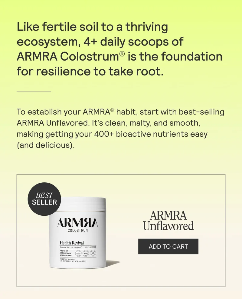 ARMRA Colostrum Health Revival Unflavored powder container labeled ‘Best Seller’ on a pale yellow gradient background, accompanied by text promoting daily 4+ scoops for resilience and an ‘ADD TO CART’ button.
