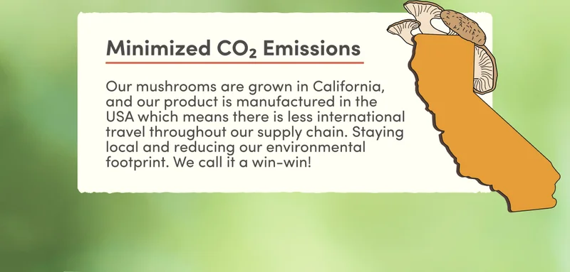 Minimized CO2 Emissions | Our mushrooms are grown in California, and our product is manufactured in the USA which means there is less international travel throughout our supply chain. Staying local and reducing our environmental footprint. We call it a win-win!