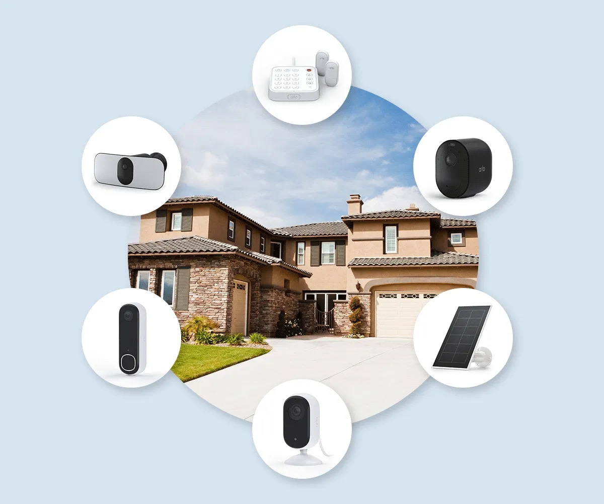 Various Arlo home security products being selected, simulating a person's experience of building their own bundle.