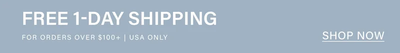 Pale blue promotional banner with white text: "FREE 1-DAY SHIPPING" for online orders over $100+, USA only. Shop now for this expedited delivery offer.