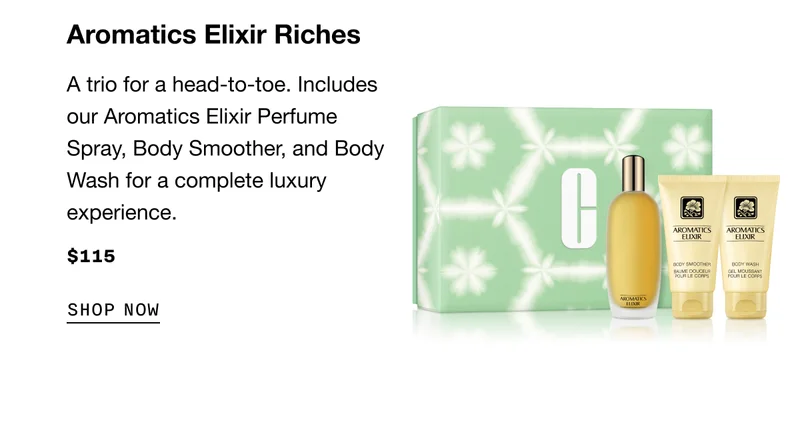 Aromatics Elixir Riches | A trio for a head-to-toe. Includes our Aromatics Elixir Perfume Spray, Body Smoother, and Body Wash for a complete luxury experience. $115 | SHOP NOW