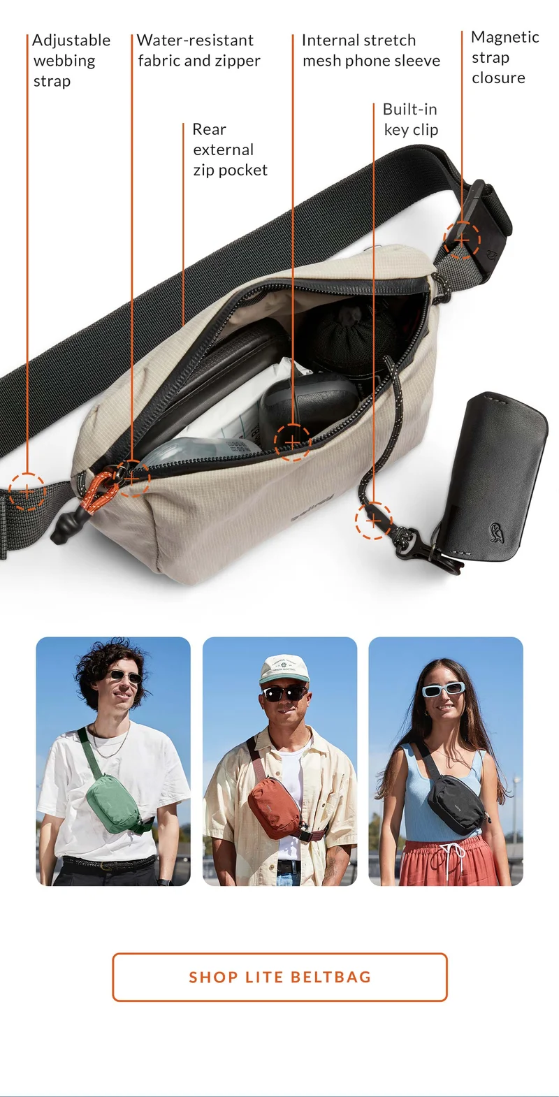 Built-in key clip  Magnetic strap closure  Rear external zip pocket  Adjustable webbing strap  Internal stretch mesh phone sleeve  Water-resistant fabric and zipper