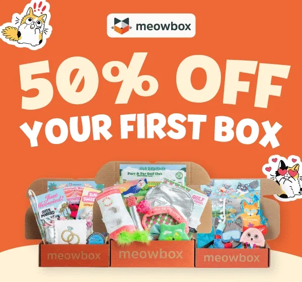 50% off your first box! Image of the Purrs & Putt's, Meowrine Life and Furrytail Wedding meowboxes. Beside them, cat stickers