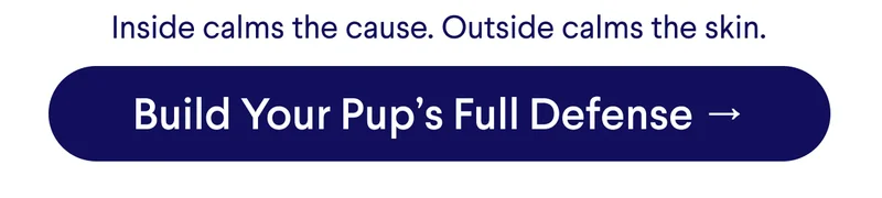 Text: Inside calms the cause. Outside calms the skin. CTA: Build Your Pup’s Full Defense →