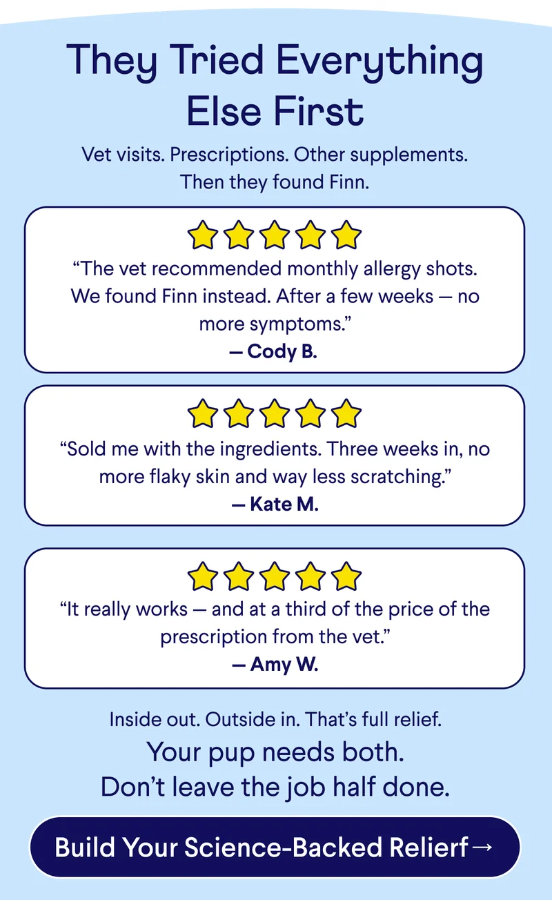 Text: The Science of Scratching Less – two products. One itch-free pup. INSIDE: the immune system overreacts. OUTSIDE: the skin flares up. Most products only tackle one direction. That’s why the scratching keeps coming back.  Allergy & Itch Chews Fur Hero Shampoo works: inside out &nbsp;Stops allergic reactions at the source — before they reach the skin. works: outside in  Calms itching and redness on contact — visible relief in minutes Rebuilds your pup's skin barrier from the inside out  Safe enough for daily use on the most sensitive skin  One calms the cause. The other calms the skin. CTA: Fight Allergies Inside & Out →