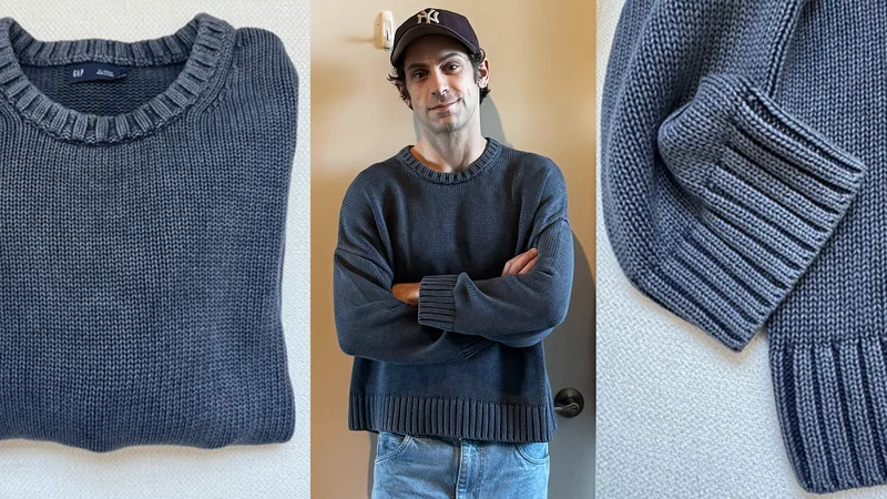 GQ contributor Reed Nelson wearing the $90 Gap sweater that ended his quest for a hard-to-find alternative.