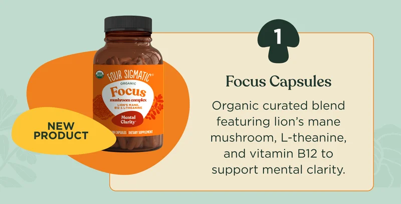 New product | Focus Capsules | Organic curated blend featuring lion’s mane mushroom, L-theanine, and vitamin B12 to support mental clarity.