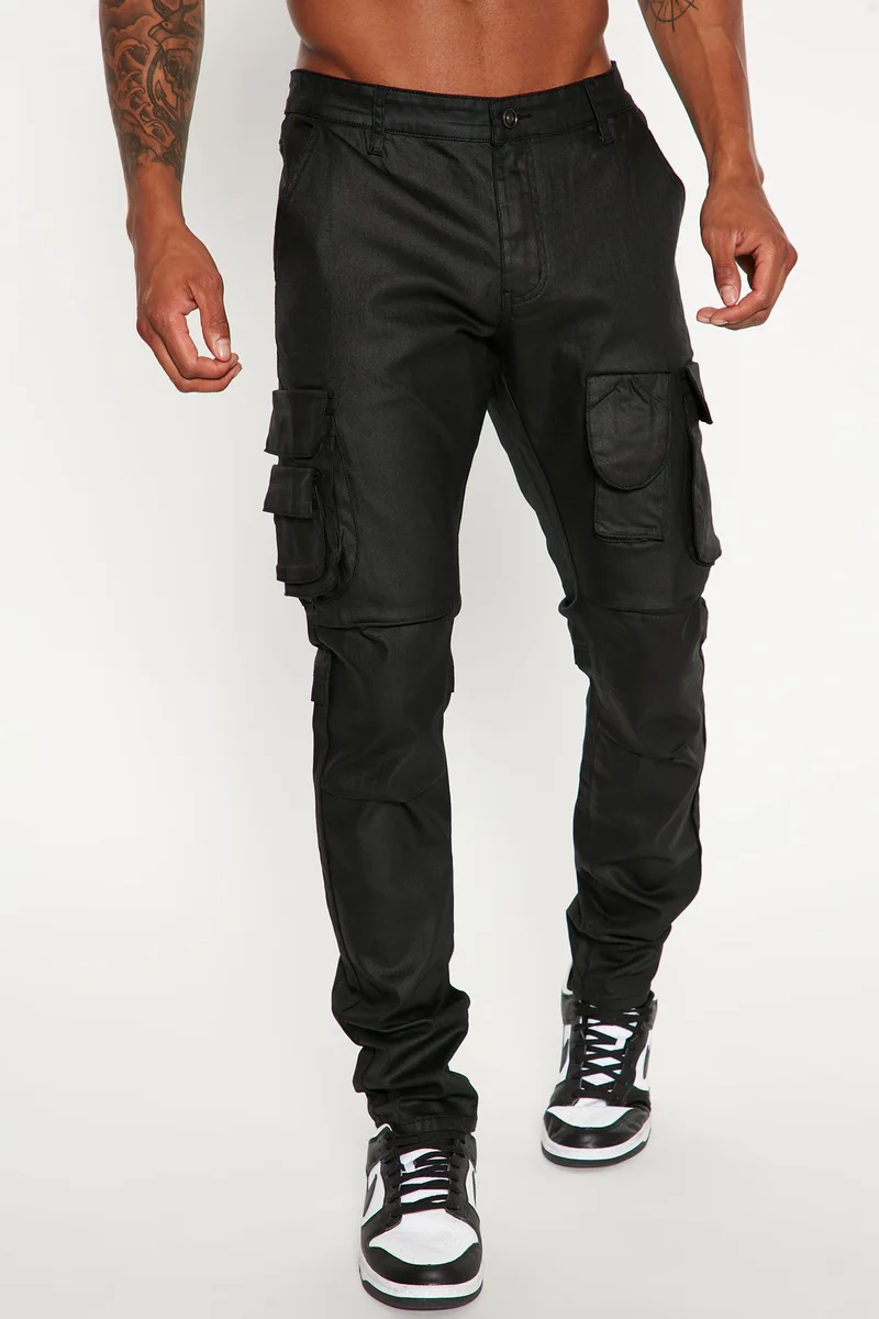 Image of Flap Pockets Waxed Stacked Skinny Cargo Jeans - Black