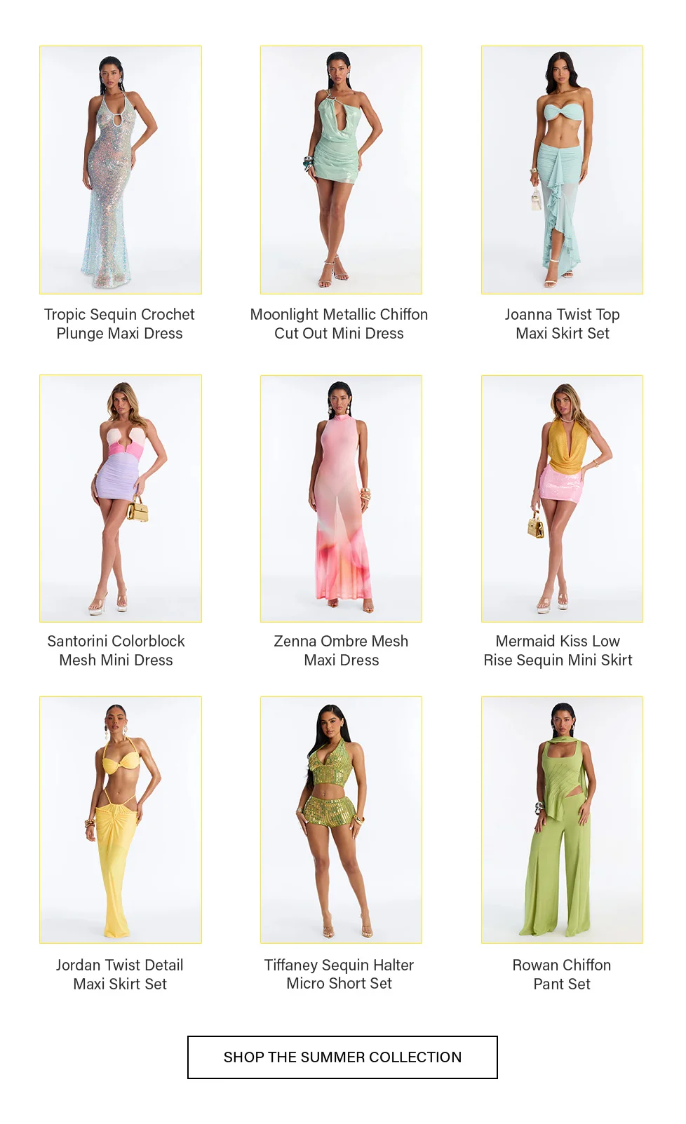 Grid of nine models showcasing diverse summer collection apparel: pastel dresses, skirts, and sets. Promoting new trendy summer fashion styles.