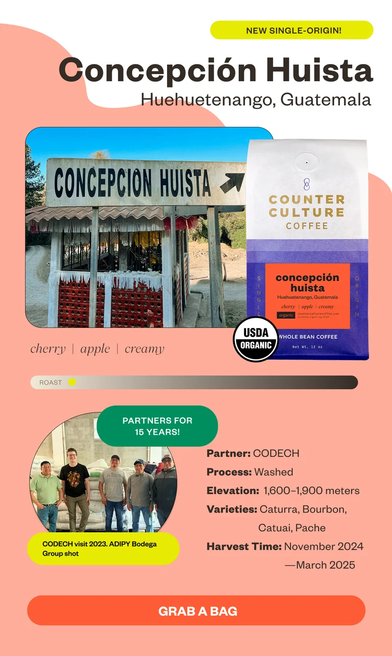 New Single-Origin Concepcion Huista Huehuetenango, Guatema cherry apple creamy Partners for 15 years Parnter: CODECHProcess: Washed Elevation: 1,600-1,900m Varieties: Caturra, Bourbon, Catuai, Pache Harvest Time: November 2024–March 2025 Grab a Bag