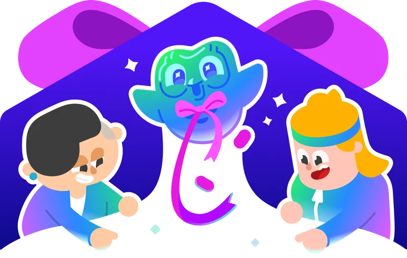Two people looking downwards with a gift-wrapped Duo flying up