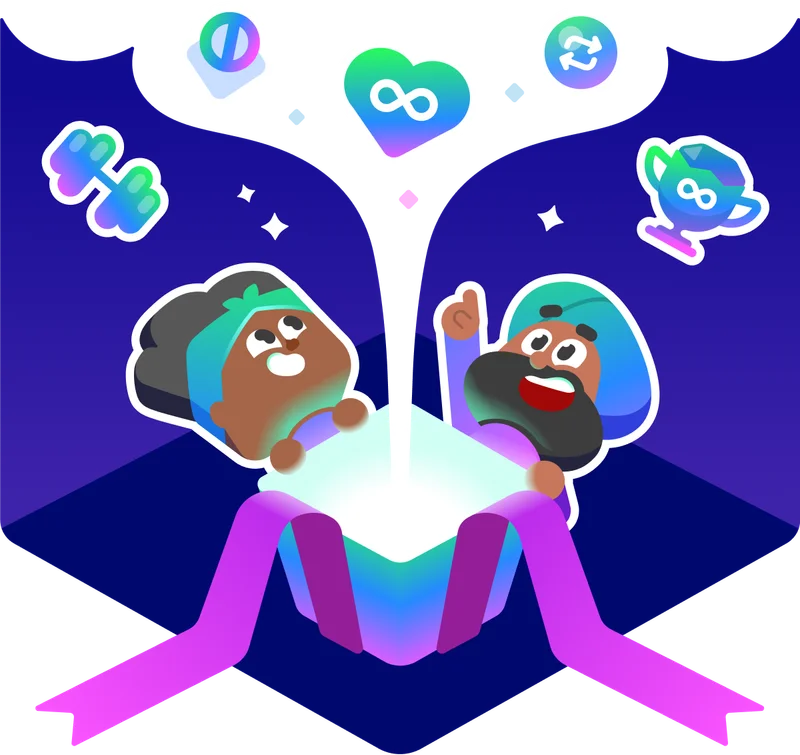 Two people looking up at a number of Duolingo achievments coming from a gift