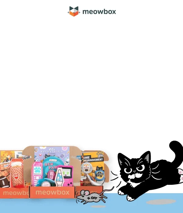 Don't let this deal dart away! 40% off! Image of a black white spotted cat illustration chasing a mouse with "% off" on it. In front of 3 meowboxes (featuring themes like the '90s Meowstalgia, Ameowzing Home Makeover, Pumpkin Spice & Everything Mice and Land Meow Under).