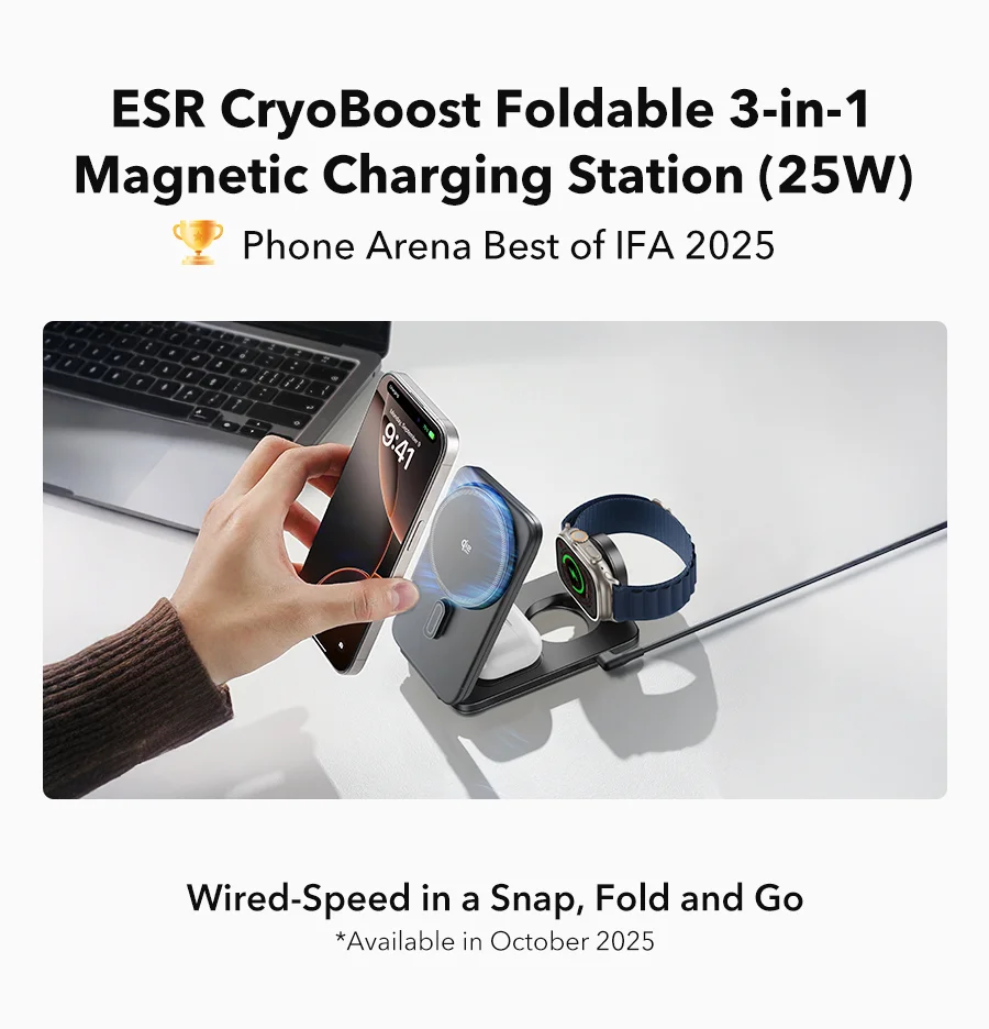 ESR CryoBoost Foldable 3-in-1 Magnetic Charging Station (25W) — PhoneArena Best of IFA 2025