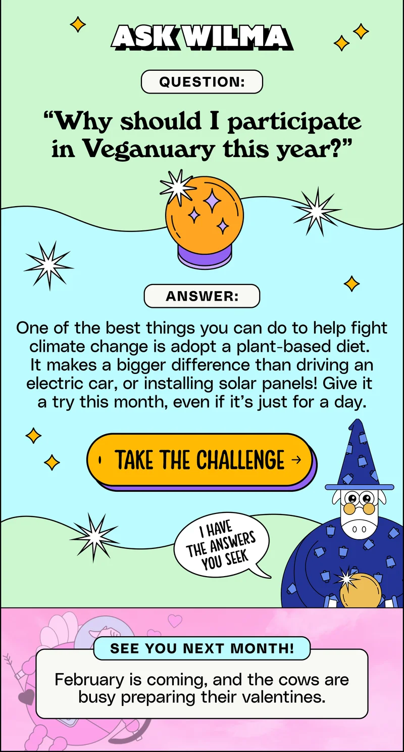 Ask Wilma. Question: “Why should I participate in Veganuary this year?” Answer: One of the best things you can do to help fight climate change is adopt a plant-based diet.  It makes a bigger difference than driving an electric car, or installing solar panels! Give it  a try this month, even if it’s just for a day. Take the Challenge. See you next month! February is coming, and the cows are busy preparing their valentines.
