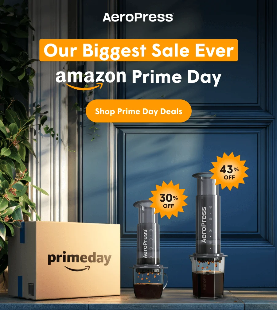 Our Biggest Sale Ever. Amazon Prime Day. Box and two AeroPress