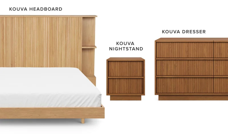 Kouva Headboard, Kouva Nightstand, Kouva Dresser.