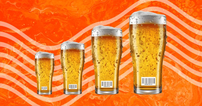 Four glasses of beer with barcode labels on them, increasing in size against an orange background.