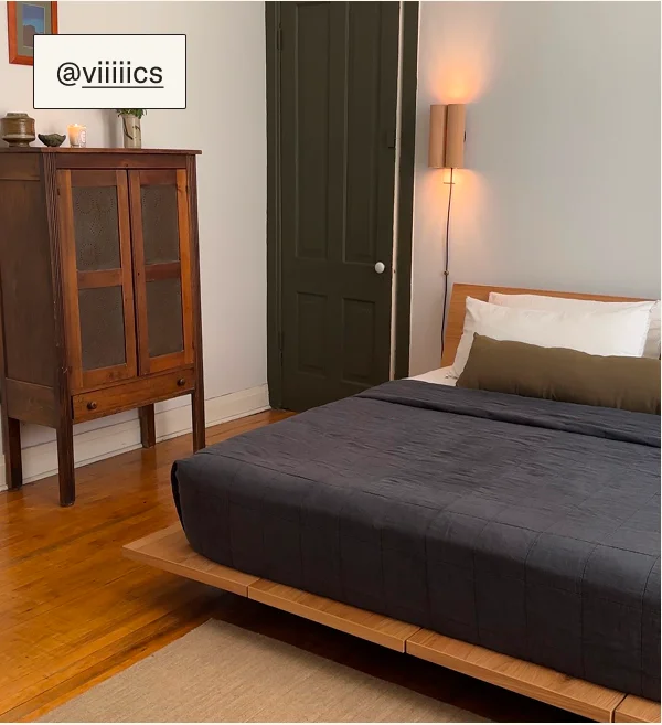 The Bed Frame in Oak styled by @viiiiics and The Bed Frame in Birch styled by @ericallenluis.