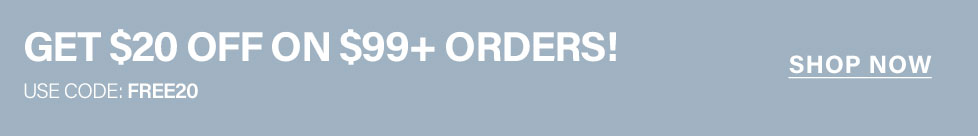 Light blue banner promoting a $20 discount on $99+ orders using code FREE20. Shop now to save! White bold text.