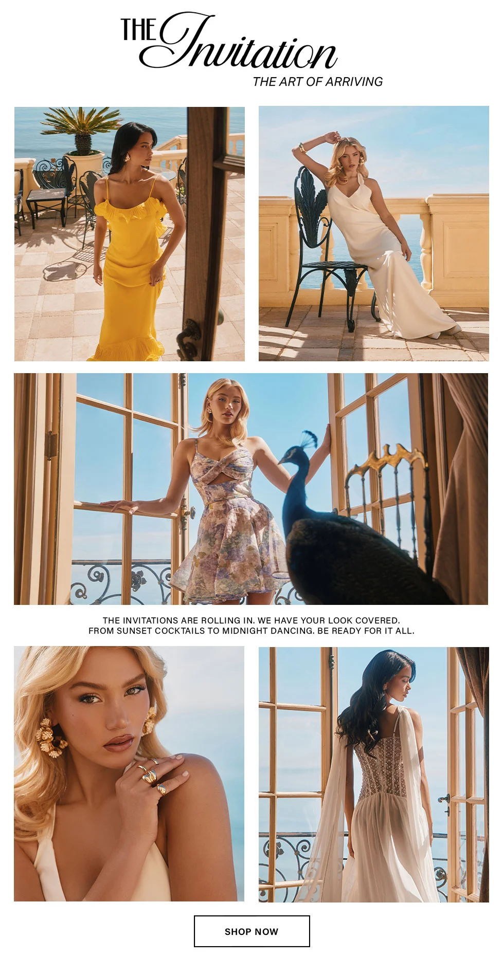 A collage of models wearing elegant event wear: a yellow maxi, white slip dress, floral mini, and beaded gown for The Invitation collection.