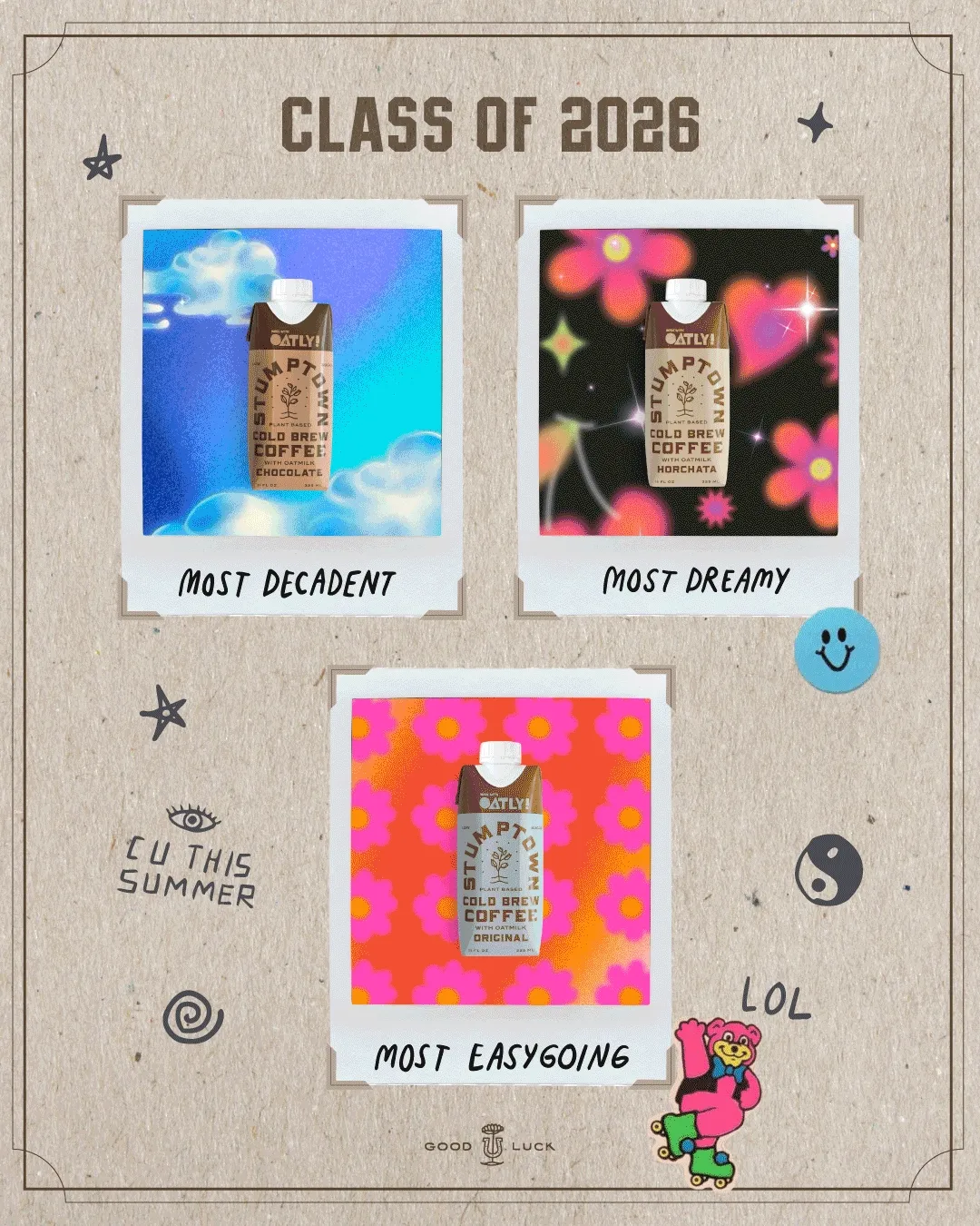 Graphic reading “Class of 2026” with Stumptown cold brew products shown as yearbook-style Polaroids, each with a playful superlative. Headline reads, "BEST IN CLASS".
