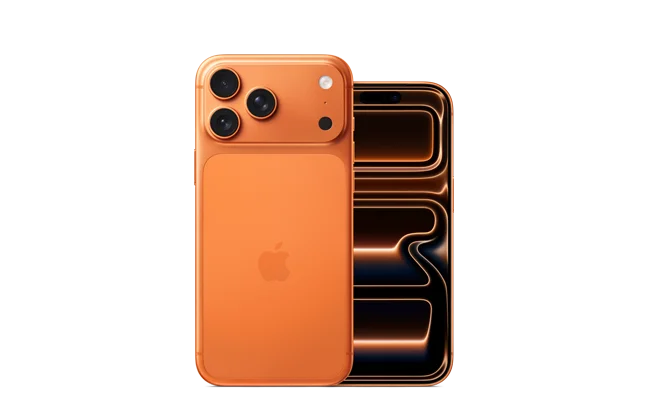 iPhone 17 Pro, Pro camera system, 3 lenses, available colors: cosmic orange, deep blue, silver, front exterior all screen design