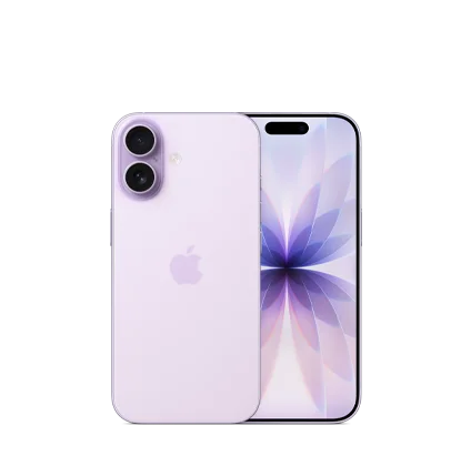 iPhone 17, advanced dual camera system, 2 lenses, available colors: lavender, sage, mist blue, white, black, front exterior all screen design
