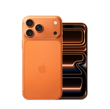 iPhone 17 Pro, Pro camera system, 3 lenses, available colors: cosmic orange, deep blue, silver, front exterior all screen design