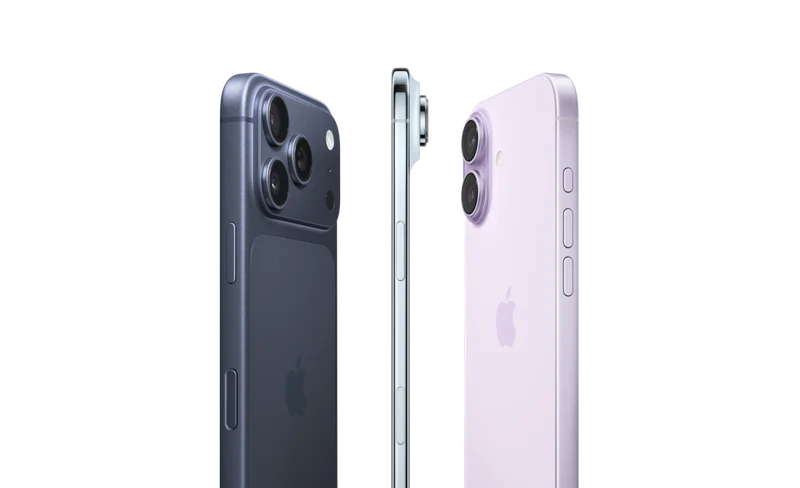 iPhone 17 Pro, back exterior in deep blue color, Pro camera system spanning across the top, iPhone Air, very thin titanium side, iPhone 17, back exterior in lavender color, Advanced dual-camera system in top left corner