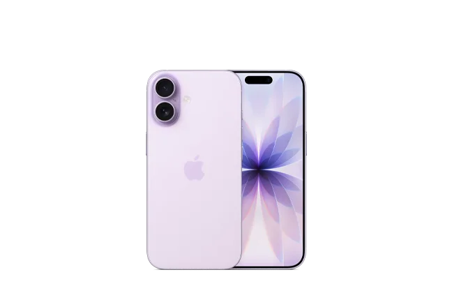 iPhone 17, advanced dual camera system, 2 lenses, available colors: lavender, sage, mist blue, white, black, front exterior all screen design