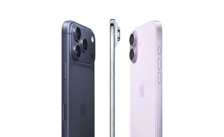 iPhone 17 Pro, back exterior in deep blue color, Pro camera system spanning across the top, iPhone Air, very thin titanium side, iPhone 17, back exterior in lavender color, Advanced dual-camera system in top left corner