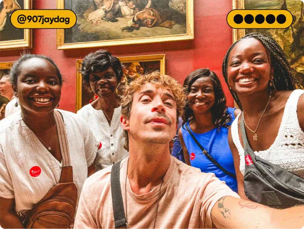 Image Description: A gif of various traveler photos including people smiling in front of art at a museum, three people on a Vespa, and a person smiling in front of a street mural.