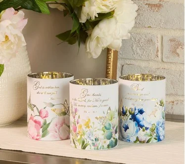 S/3 Illuminated Prayer Garden Hurricanes with Sheer Bags by Valerie