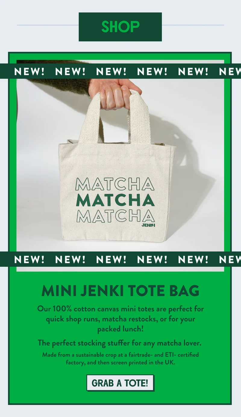 Mini JENKI Tote Bag Saying "Matcha Matcha Matcha"